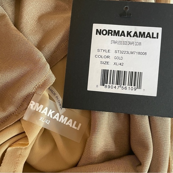 NEW! Norma Kamali- Gold Strapless Side Drape Gown Size XL Cocktail Dress Stretch - Picture 9 of 9